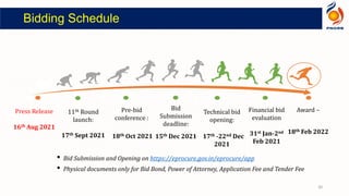 Bidding Schedule
• Bid Submission and Opening on https://eprocure.gov.in/eprocure/app
• Physical documents only for Bid Bond, Power of Attorney, Application Fee and Tender Fee
Press Release
16th Aug 2021
Bid
Submission
deadline:
15th Dec 2021
Pre-bid
conference :
18th Oct 2021
Financial bid
evaluation
31st Jan-2nd
Feb 2021
Award –
18th Feb 2022
Technical bid
opening:
17th -22nd Dec
2021
30
11th Round
launch:
17th Sept 2021
 