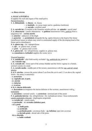 - a. iliaca externa

A. ILIACA INTERNA
It supplies the wall and organs of the small pelvis
Parietal branches:
1. A. iliolumbalis – r. iliacus - m. iliacus
                    - r. lumbalis - m. psoas major and m. quadratus lumborum
                     - r. sacralis -vertebral canal
2. A. sacralis lat. (2) medial to the foramina sacralia pelvina– rr. spinales - sacral canal
3. A. obturatoria - canalis obturatorius – r. pubicus anastomoses with r. pubicus from a.
epigastrica inf. – corona mortis
- r. anterior - adductors of the thigh
- r. posterior – r. acetabularis alongside the lig. capitis femoris to the head of the femur
(insufficient lumen in infants may result in constrained supply of the developing head of the
femur and its disturbance).
4. A. glutea sup. - for. suprapiriforme
– r. spf. – m. gluteus max. et med.
 - r. prof. – m. gluteus med. et min.
5. A. glutea inf. - for. infrapiriforme, supplies m. gluteus max.
– a. commitans n. ischiadici supplies the sciatic nerve

Visceral branches:
1. A. umbilicalis - after birth mostly occluded - lig. umbilicale lat, patent to
– aa. vesicales sup.
2. A. vesicalis inf. - lower part of the urinary bladder and the fornix vaginae in a female,
seminal vesicles in a male
3. A. rectalis media - middle part of the rectum, anastomoses with the sup. and inf. rectal
arteries
4. a) A. uterina - crosses the ureter (about 2 cm from the cervix and 1.5 cm above the vaginal
fornix - the artery is anteriorly)
- r. uretericus
- a. vaginalis ant. et post.
- rr. uterini
– r. tubarius
- r. ovaricus
4. b) A. ductus deferentis
- r. descendens accompanies the ductus deferens to the scrotum, anastomoses with a.
testicularis
- r. ascendens - seminal vesicle – r. uretericus - terminal part of the ureter
5. A. pudenda interna - for. infrapiriforme - for. ischiadicum minus - fossa ischiorectalis
canalis pudendalis (Alcock) - diaphragma urogenitale
– a. rectalis inf. - canalis analis
 - a. perinealis – rr. scrotales (labiales) post.
 - a) a. penis
         – a. bulbi penis
         - a. urethralis
         - a. profunda penis - cavernous body – aa. helicinae open into cavernae
         - a. dorsalis penis - dorsal side of the penis
  -b) a. clitoridis
        – a. bulbi vestibuli


                                               3
 