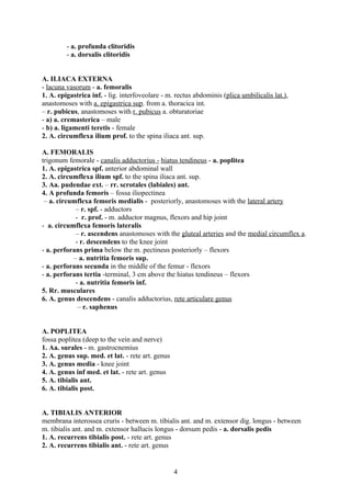 - a. profunda clitoridis
         - a. dorsalis clitoridis


A. ILIACA EXTERNA
- lacuna vasorum - a. femoralis
1. A. epigastrica inf. - lig. interfoveolare - m. rectus abdominis (plica umbilicalis lat.),
anastomoses with a. epigastrica sup. from a. thoracica int.
– r. pubicus, anastomoses with r. pubicus a. obturatoriae
- a) a. cremasterica – male
- b) a. ligamenti teretis - female
2. A. circumflexa ilium prof. to the spina iliaca ant. sup.

A. FEMORALIS
trigonum femorale - canalis adductorius - hiatus tendineus - a. poplitea
1. A. epigastrica spf. anterior abdominal wall
2. A. circumflexa ilium spf. to the spina iliaca ant. sup.
3. Aa. pudendae ext. – rr. scrotales (labiales) ant.
4. A profunda femoris – fossa iliopectinea
 – a. circumflexa femoris medialis - posteriorly, anastomoses with the lateral artery
            – r. spf. - adductors
            - r. prof. - m. adductor magnus, flexors and hip joint
- a. circumflexa femoris lateralis
            – r. ascendens anastomoses with the gluteal arteries and the medial circumflex a.
            - r. descendens to the knee joint
- a. perforans prima below the m. pectineus posteriorly – flexors
           – a. nutritia femoris sup.
- a. perforans secunda in the middle of the femur - flexors
- a. perforans tertia -terminal, 3 cm above the hiatus tendineus – flexors
            - a. nutritia femoris inf.
5. Rr. musculares
6. A. genus descendens - canalis adductorius, rete articulare genus
             – r. saphenus


A. POPLITEA
fossa poplitea (deep to the vein and nerve)
1. Aa. surales - m. gastrocnemius
2. A. genus sup. med. et lat. - rete art. genus
3. A. genus media - knee joint
4. A. genus inf med. et lat. - rete art. genus
5. A. tibialis ant.
6. A. tibialis post.


A. TIBIALIS ANTERIOR
membrana interossea cruris - between m. tibialis ant. and m. extensor dig. longus - between
m. tibialis ant. and m. extensor hallucis longus - dorsum pedis - a. dorsalis pedis
1. A. recurrens tibialis post. - rete art. genus
2. A. recurrens tibialis ant. - rete art. genus


                                                  4
 