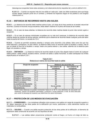 NSR-10 – Capítulo K.3 – Requisitos para zonas comunes
K-19
descarga sus ocupantes hacia estos accesos y con observancia de los requisitos tal y como lo define K.3.4.
K.3.5.1.3 — Cuando se requiera más de una salida en cada piso, cada una debe localizarse para que tenga
acceso desde cualquier punto de un corredor, y limitarse los trayectos ciegos en los pasillos a una longitud
máxima de 6 m.
K.3.6 — DISTANCIA DE RECORRIDO HASTA UNA SALIDA
K.3.6.1 — La distancia de recorrido debe medirse sobre el piso, a lo largo de la línea central en el sentido natural del
recorrido. Cuando el recorrido incluya escaleras, éstas deben medirse en el plano del borde de las huellas.
K.3.6.2 — En el caso de áreas abiertas, la distancia de recorrido debe medirse desde el punto más remoto sujeto a
ocupación.
K.3.6.3 — En el caso de salones individuales ocupables por no más de 6 personas, la distancia de recorrido debe
medirse desde las puertas de dichos salones, previendo que la distancia de recorrido desde cualquier punto del salón
hasta la puerta del mismo, no exceda de 15 m.
K.3.6.4 — Cuando se permitan escaleras abiertas o rampas como recorrido a las salidas, tales como las que hay
entre balcones o entrepisos y el piso inferior, la distancia debe incluir el recorrido sobre la escalera o rampa, más el
que va desde el final de la escalera o rampa, hasta una puerta exterior u otra salida, además de la distancia para
llegar a la escalera o rampa.
K.3.6.5 — DISTANCIA — La distancia máxima de recorrido desde el punto más alejado hasta el centro de cualquier
salida exterior, salida vertical, escalera interior, corredor de salida o salida horizontal, no debe sobrepasar los límites
especificados en la tabla K.3.6-1.
Tabla K.3.6-1
Distancia en metros de recorrido hasta la salida
Distancia de recorrido (m)Grupo de ocupación
Sin sistema de
rociadores
Con sistema de
rociadores
ALMACENAMIENTO (A-1) 60 75
ALMACENAMIENTO (A-2) 90 120
COMERCIAL (C-1) 60 90
COMERCIAL (C-2) 60 75
FABRIL E INDUSTRIAL (F-1) 60 75
FABRIL E INDUSTRIAL (F-2) 90 120
INSTITUCIONAL (I) 45 60
LUGARES DE REUNIÓN (L) 60 75
ALTA PELIGROSIDAD (P) No se permite 22
RESIDENCIAL (R) 60 75
NOTA: Estas distancias se pueden incrementar hasta en un 30 % si los elementos de evacuación son
rectilíneos, carecen de escaleras intermedias y conducen a zonas exteriores a nivel, de área adecuada
para recibir la descarga de ocupación que determinen los casos individuales.
K.3.7 — PROTECCIÓN DE LOS MEDIOS DE EVACUACIÓN
K.3.7.1 — CORREDORES — Los corredores utilizados como acceso a una salida con carga de ocupación superior a
30, deben separarse de las otras partes de la edificación por muros, particiones u otros elementos hechos con
materiales no combustibles.
K.3.7.2 — SALIDAS — Cuando una salida requiera protección de las otras partes de la edificación, el elemento de
separación debe construirse de acuerdo con los requisitos de éste.
K.3.7.2.1 — Las salidas deben proporcionar protección contra el fuego y el humo a lo largo de todo su
 