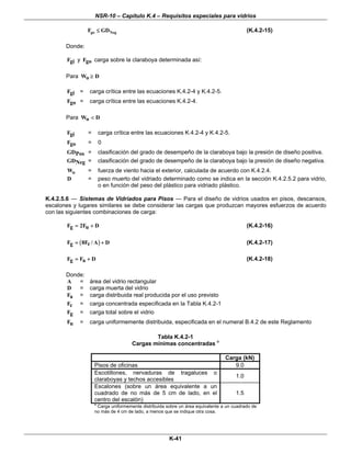 NSR-10 – Capítulo K.4 – Requisitos especiales para vidrios
K-41
go NegF GD≤ (K.4.2-15)
Donde:
Fgi y Fgo carga sobre la claraboya determinada así:
Para W Do ≥
Fgi = carga crítica entre las ecuaciones K.4.2-4 y K.4.2-5.
Fgo = carga crítica entre las ecuaciones K.4.2-4.
Para W Do <
Fgi = carga crítica entre las ecuaciones K.4.2-4 y K.4.2-5.
Fgo = 0
GDPos = clasificación del grado de desempeño de la claraboya bajo la presión de diseño positiva.
GDNeg = clasificación del grado de desempeño de la claraboya bajo la presión de diseño negativa.
oW = fuerza de viento hacia el exterior, calculada de acuerdo con K.4.2.4.
D = peso muerto del vidriado determinado como se indica en la sección K.4.2.5.2 para vidrio,
o en función del peso del plástico para vidriado plástico.
K.4.2.5.6 — Sistemas de Vidriados para Pisos — Para el diseño de vidrios usados en pisos, descansos,
escalones y lugares similares se debe considerar las cargas que produzcan mayores esfuerzos de acuerdo
con las siguientes combinaciones de carga:
F 2F Dg u= + (K.4.2-16)
( )F 8F / A Dcg = + (K.4.2-17)
F F Dg a= + (K.4.2-18)
Donde:
A = área del vidrio rectangular
D = carga muerta del vidrio
Fa = carga distribuida real producida por el uso previsto
Fc = carga concentrada especificada en la Tabla K.4.2-1
Fg = carga total sobre el vidrio
Fu = carga uniformemente distribuida, especificada en el numeral B.4.2 de este Reglamento
Tabla K.4.2-1
Cargas mínimas concentradas a
Carga (kN)
Pisos de oficinas 9.0
Escotillones, nervaduras de tragaluces o
claraboyas y techos accesibles
1.0
Escalones (sobre un área equivalente a un
cuadrado de no más de 5 cm de lado, en el
centro del escalón)
1.5
a
Carga uniformemente distribuida sobre un área equivalente a un cuadrado de
no más de 4 cm de lado, a menos que se indique otra cosa.
 