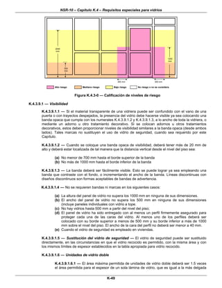 NSR-10 – Capítulo K.4 – Requisitos especiales para vidrios
K-49
2000
mm
1200
mm
500
mm
300 mm 300 mm
Alto riesgo Mediano riesgo Bajo riesgo No riesgo o no se considera.
Figura K.4.3-0 — Calificación de niveles de riesgo
K.4.3.9.1 — Visibilidad
K.4.3.9.1.1 — Si el material transparente de una vidriera puede ser confundido con el vano de una
puerta o con trayectos despejados, la presencia del vidrio debe hacerse visible ya sea colocando una
banda opaca que cumpla con los numerales K.4.3.9.1.2 y K.4.3.9.1.3, a lo ancho de toda la vidriera, o
mediante un adorno u otro tratamiento decorativo. Si se colocan adornos u otros tratamientos
decorativos, estos deben proporcionar niveles de visibilidad similares a la banda opaca (desde ambos
lados). Tales marcas no sustituyen el uso de vidrio de seguridad, cuando sea requerido por este
Capítulo.
K.4.3.9.1.2 — Cuando se coloque una banda opaca de visibilidad, deberá tener más de 20 mm de
alto y deberá estar localizada de tal manera que la distancia vertical desde el nivel del piso sea:
(a) No menor de 700 mm hasta el borde superior de la banda
(b) No más de 1000 mm hasta el borde inferior de la banda
K.4.3.9.1.3 — La banda deberá ser fácilmente visible. Esto se puede lograr ya sea empleando una
banda que contraste con el fondo, o incrementando el ancho de la banda. Líneas discontinuas con
diseños discontinuos son formas aceptables de bandas de advertencia.
K.4.3.9.1.4 — No se requieren bandas ni marcas en los siguientes casos:
(a) La altura del panel de vidrio no supera los 1000 mm en ninguna de sus dimensiones.
(b) El ancho del panel de vidrio no supera los 500 mm en ninguna de sus dimensiones
(incluye paneles individuales con vidrio a tope.
(c) No hay vidrios hasta 500 mm a partir del nivel del piso;
(d) El panel de vidrio ha sido entregado con al menos un perfil firmemente asegurado para
proteger cada una de las caras del vidrio. Al menos uno de los perfiles deberá ser
colocado con su borde superior a menos de 500 mm y su borde inferior a más de 1000
mm sobre el nivel del piso. El ancho de la cara del perfil no deberá ser menor a 40 mm.
(e) Cuando el vidrio de seguridad es empleado en viviendas.
K.4.3.9.1.5 — Sustitución del vidrio de seguridad — El vidrio de seguridad puede ser sustituido
directamente, en las circunstancias en que el vidrio recocido es permitido, con la misma área y con
los mismos límites de espesor establecidos en la tabla apropiada para vidrio recocido.
K.4.3.9.1.6 — Unidades de vidrio doble
K.4.3.9.1.6.1 — El área máxima permitida de unidades de vidrio doble deberá ser 1.5 veces
el área permitida para el espesor de un sola lámina de vidrio, que es igual a la más delgada
 