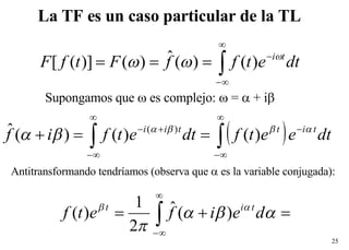 La TF es un caso particular de la TL Supongamos que    es complejo:    =    + i    Antitransformando tendríamos (observa que    es la variable conjugada): 