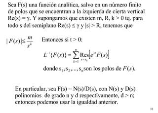 Sea F(s) una función analítica, salvo en un número finito  de polos que se encuentran a la izquierda de cierta vertical  Re(s) = γ. Y supongamos que existen m, R, k > 0 tq. para  todo s del semiplano Re(s)     γ y |s| > R, tenemos que Entonces si t > 0: En particular, sea F(s) = N(s)/D(s), con N(s) y D(s)  polinomios  de grado n y d respectivamente, d > n;  entonces podemos usar la igualdad anterior. 