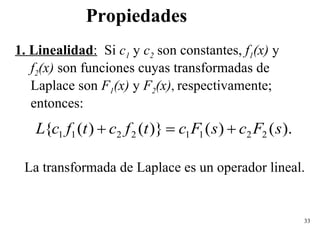 1. Linealidad :   Si  c 1  y  c 2  son constantes,  f 1 (x)  y  f 2 (x)  son funciones cuyas transformadas de Laplace son  F 1 (x)  y  F 2 (x) ,  respectivamente;   entonces: La transformada de Laplace es un operador lineal. Propiedades 