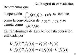 Recordemos que la operación   se  conoce  como la convolución de  y    y se denota como  La transformada de Laplace de esta operación está dada por:  12. Integral de convolución 