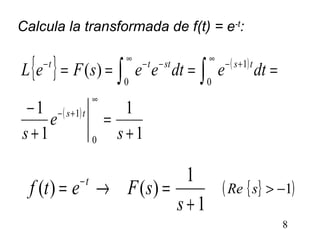 8
{ } ( )
( )
1
1
1
1
)(
0
1
0
1
0
+
=
+
−
====
∞
+−
∞
+−
∞
−−−
∫∫
s
e
s
dtedteesFeL
ts
tssttt
Calcula la transformada de f(t) = e-t
:
1
1
)()(
+
=→= −
s
sFetf t
{ }( )1−>sRe
 