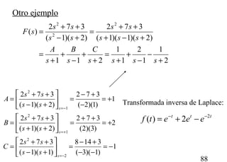 88
Otro ejemplo
2
1
1
2
1
1
211
)2)(1)(1(
372
)2)(1(
372
)(
2
2
2
+
−
−
+
+
=
+
+
−
+
+
=
+−+
++
=
+−
++
=
ssss
C
s
B
s
A
sss
ss
ss
ss
sF
1
)1)(3(
3148
)1)(1(
372
2
)3)(2(
372
)2)(1(
372
1
)1)(2(
372
)2)(1(
372
2
2
1
2
1
2
−=
−−
+−
=





+−
++
=
+=
++
=





++
++
=
+=
−
+−
=





+−
++
=
−=
+=
−=
s
s
s
ss
ss
C
ss
ss
B
ss
ss
A
Transformada inversa de Laplace:
ttt
eeetf 2
2)( −−
−+=
 