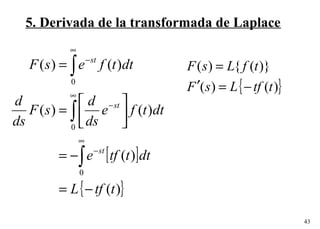 43
5. Derivada de la transformada de Laplace
[ ]
{ })(
)(
)()(
)()(
0
0
0
ttfL
dtttfe
dttfe
ds
d
sF
ds
d
dttfesF
st
st
st
−=
−=






=
=
∫
∫
∫
∞
−
∞
−
∞
−
{ })()(
)}({)(
ttfLsF
tfLsF
−=′
=
 