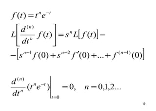 51
[ ]
[ ]
...2,1,0,0)(
)0(...)0()0(
)()(
)(
0
)(
)1(21
)(
==
++′+−
−=





=
=
−
−−−
−
net
dt
d
ffsfs
tfLstf
dt
d
L
ettf
t
tn
n
n
nnn
n
n
n
tn
 