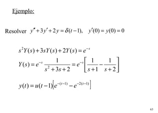 63
Ejemplo:




+
−
+
=
++
=
=++
−−
−
2
1
1
1
23
1
)(
)(2)(3)(
2
2
ss
e
ss
esY
esYssYsYs
ss
s
[ ])1(2)1(
)1()( −−−−
−−= tt
eetuty
Resolver 0)0()0(),1(23 ==′−=+′+′′ yytyyy δ
 