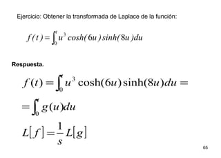 65
Ejercicio: Obtener la transformada de Laplace de la función:
du)usinh()ucosh(u)t(f
t
86
0
3
∫=
Respuesta.
[ ] [ ]gL
s
fL
duug
duuuutf
t
t
1
)(
)8sinh()6cosh()(
0
0
3
=
=
==
∫
∫
 