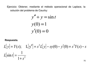 75
Ejercicio: Obtener, mediante el método operacional de Laplace, la
solución del problema de Cauchy:
0)0(
1)0(
sin
=′
=
=+′′
y
y
tyy
Respuesta.
[ ] [ ] [ ]
[ ] 2
22
1
1
sin
)()0()0(yL);(
s
tL
ssYsysyyLssYyL
+
=
−=′−−=′′=
 