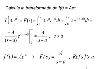 9
{ } ( )
( )
as
as
A
e
as
A
dtAedteAesFAeL
tas
tasstatat
>
−
=
−
−
====
∞
−−
∞
−−
∞
−
∫∫
,
)(
)(
0
00
Calcula la transformada de f(t) = Aeat
:
a}sRe{,
as
A
)s(FAe)t(f at
>
−
=→=
 