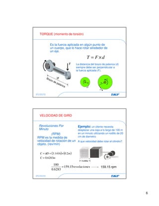6
Estefani Carolina Ascanio
SKF Latin American Ltda.
TORQUE (momento de torsión)
Es la fuerza aplicada en algún punto de
un cuerpo, que lo hace rotar alrededor de
un eje.
dFT ×=
La distancia del brazo de palanca (d)
siempre debe ser perpendicular a
la fuerza aplicada (F).
d
F
d
F
Brazo de palanca
d
Estefani Carolina Ascanio
SKF Latin American Ltda.
VELOCIDAD DE GIRO
Revoluciones Por
Minuto
(RPM)
Ejemplo: un cliente necesita
desplazar una caja a lo largo de 100 m
en un minuto utilizando un rodillo de 20
cm de diametro.
A que velocidad debe rotar el cilindro?
esrevolucion15.159
6283.0
100
= 159.15 rpm
RPM es la medida de
velocidad de rotación de un
objeto. (rev/min)
( ) ( )
mC
mDC
6283.0
2.01416.3
=
×==π
 