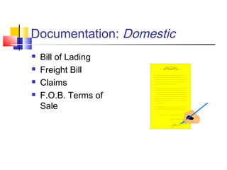 Documentation: Domestic
 Bill of Lading
 Freight Bill
 Claims
 F.O.B. Terms of
Sale
 