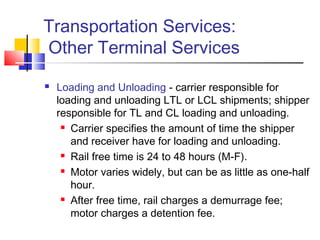Transportation Services:
Other Terminal Services
 Loading and Unloading - carrier responsible for
loading and unloading LTL or LCL shipments; shipper
responsible for TL and CL loading and unloading.
 Carrier specifies the amount of time the shipper
and receiver have for loading and unloading.
 Rail free time is 24 to 48 hours (M-F).
 Motor varies widely, but can be as little as one-half
hour.
 After free time, rail charges a demurrage fee;
motor charges a detention fee.
 