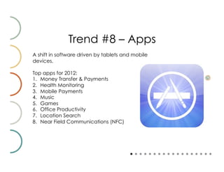Trend #8 – Apps
A shift in software driven by tablets and mobile
devices.

Top apps for 2012:
1.  Money Transfer & Payments
2.  Health Monitoring
3.  Mobile Payments
4.  Music
5.  Games
6.  Office Productivity
7.  Location Search
8.  Near Field Communications (NFC)
 