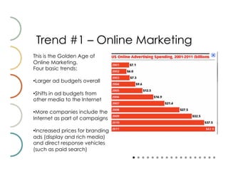 Trend #1 – Online Marketing
This is the Golden Age of
Online Marketing.
Four basic trends:

• Larger ad budgets overall

• Shifts in ad budgets from
other media to the Internet

• More companies include the
Internet as part of campaigns

• Increased prices for branding
ads (display and rich media)
and direct response vehicles
(such as paid search)
 