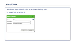 Method Robot
• Method Robot include predefined actions. We can configure one of that action.
Eg: check in, check out, set state etc.
 