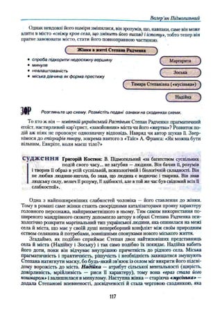 Валер’
ян Підмогильний
Однак невдовзі його наміри змінилися, він зрозумів, що, навпаки, саме він може
влити в місто «свіжу кров села, що змінить його вигляд і істоту», тобто тепер він
прагне завоювати місто, стати його повноправною частиною.
^ Жінки в житті Степана Радченка ^
спроба підкорити недосяжну вершину Г Маргарита )
м и н ѵ п е ^ ^
Q Зоська ^
^ Тамара Степанівна («мусінька») ^
^ Надійка ^
минуле
невлаштованість
міська дівчина як форма престижу
Розгляньте цю схему. Розмістіть подані ознаки на сходинках схеми.
То хто ж він —новітній український Растіньяк Степан Радченко: прагматичний
егоїст, настирливий кар’єрист, «завойовник» міста чи його «жертва»? Розвиток по­
дій аж ніяк не провокує однозначну відповідь. Навряд чи автор шукав її. Звер­
німося до епіграфів твору, зокрема взятого з «Таїс» А. Франса: «Як можна бути
вільним, Евкріте, коли маєш тіло?»
С1 Д Ж Є Н Н Я Григорій Костюк: В. Підмогильний «за багатством суспільних
подій свого часу... не загубив —людини. Він бачив її, розумів
і творив її образ в усій суспільній, психологічній і біологічній складності. Він
не любив людини-янгола, бо знав, що людина є водночас і тварина. Він знав
людську силу, велич її розуму, її здібності, але в той же час був свідомий всіх її
слабкостей».
Одна з найпоширеніших слабкостей чоловіка — його ставлення до жінки.
Тому в романі саме жінки стають своєрідними каталізаторами прояву характеру
головного персонажа, найприкметнішого в ньому. Тим самим використання по­
ширеного мандрівного сюжету допомогло автору в образі Степана Радченка пси­
хологічно розкрити маргінальний тип української людини, яка опинилася на межі
села й міста, що має у своїй душі непереборний конфлікт між своїм природним
єством селянина й потребами, зовнішніми спонуками нового міського життя.
Згадаймо, як подібно сприймає Степан двох найтиповіших представниць
села й міста (Надійну і Зоську) і так само подібно їх покидає. Надійка вабить
його доти, поки він відчуває внутрішню причетність до рідного села. Міська
прагматичність і практичність, рішучість і необхідність захищатися змушують
Степана натягнути маску, бо будь-який зв’язок із селом міг викрити його підсві­
дому ворожість до міста. Надійка — атрибут сільської ментальності (щирість,
довірливість, мрійливість — риси її характеру), тому вона «враз стала його
кошмаром» і залишилася в минулому. Наступна жінка —старіюча *мусінька*
■—
додала Степанові впевненості, досвідченості й стала черговою сходинкою, яка
117
 