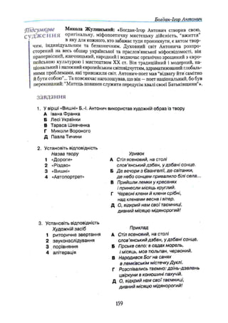 Богдан-Ігор Антонич
JTІдСУМКОвЄ Микола Жулинський: «Богдан-Ігор Антонич створив свою,
СѴДЖСННЯ оригінальну, міфопоетичну мистецьку дійсність, “вжиття”
в яку для кожного, хто забажає туди проникнути, є актом твор­
чим, індивідуальним та безконечним. Духовний світ Антонича розпро­
сторений на весь обшир української та праслов’янської міфосвідомості, він
прапервісний, язичницький, народний і водночас органічно зрощений з євро­
пейською культурою і мистецтвом XX ст. Він традиційний і модерний, на­
ціональний і напоєний європейським світовідчуттям, здраматизований глобаль­
ними проблемами, які тривожили світ. Антонич-поет мав “відвагу йти самітно
й бути собою”... Та повсякчас наголошував, що він —поет національний, бо був
переконаний: “Митець повинен служити передусім хвалі своєї Батьківщини”».
завдання
1. У вірші «Вишні» Б.-І, Антонич використав художній образ із твору
А Івана Франка
Б Лесі Українки
В Т араса Шевченка
Г Миколи Вороного
Д Павла Тичини
2. Установіть відповідність
Назва твору Уривок
1 «Дороги» А Стіл ясеновий, на столі
2 «Різдво» слов’янський дзбан, у дзбані сонце.
3 «Вишні» Б Де вечори з Євангелії, де світанки,
4 «Автопортрет» де небо сонцем привалило білі села
В Прийшли лемки у кресанях
і принесли місяць круглий.
Г Червоні клени й клени срібні,
над кленами весна і вітер.
Д О, відкрий нам свої таємниці,
дивний місяцю мідянорогий!
Приклад
А Стіл ясеновий, на столі
слов'янський дзбан, у дзбані сонце.
Б Гірське село: в садах морель,
і місяць, мов тюльпан, червоний.
В Народився Бог на санях
в лемківськім містечкуДуклі.
Г Розспівались таємно: дзінь-дзелень
цвіркуни в конюшині пахучій.
д О, відкрий нам свої таємниці,
дивний місяцю мідянорогий!
3. Установіть відповідність
Художній засіб
1 риторичне звертання
2 звуконаслідування
3 порівняння
4 алітерація
159
 