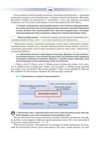 106
Соля згорнула свій зелений записник і втомлено всміхнулася – щовечора
записувала думки, які навіював день. І щоразу вони були різними. Напевно,
більшість людей не зрозуміли б і половини з того, що ховали кольорові
сторінки, але Соля була щасливою в світі своїх фантазій (Іва Шон).
ІІ. З’ясуйте, чи дотримано пунктуаційної норми в тексті. Визначте функції розділо-
вих знаків у реченнях тексту. Які розділові знаки вам важко пояснити? Перепишіть
останнє речення. Усно проаналізуйте його: простим/складним воно є, ускладне-
ним/неускладненим (чим ускладнене), підкресліть головні й другорядні члени.
Пунктуаційна норма – це система правил, що регулюють вживання роз-
ділових знаків: І дощ, і сніг – і все воно минеться (Л. Костенко).
Порушення правил уживання розділових знаків може спричинити прикрі
непорозуміння, наприклад, у вислові «Навчитися! Не можна забути!» інше по-
ставлення розділових знаків може докорінно змінити смисл його: «Навчитися
не можна! Забути!».
361. Прочитайте речення з відповідною інтонацією. Доведіть, як саме змінюєть-
ся значення кожного з них залежно від пунктуації. Як розділові знаки передають
інтонаційні особливості мовлення? Доберіть і запишіть власні приклади, коли
зміна розділових знаків переінакшує смисл висловлення.
1. Увага: діти! 2. Увага, діти. 3. Добра душа зігріває все серце, тіло і дум-
ки. 4. Добра душа зігріває все: серце, тіло й думки. 5. Добра душа зігріває
усе серце, тіло і думки? 6. Що це він зробив? 7. Що, це він зробив? 8. Що це?
Він зробив? 9. Погода буде гарною! 10. Погода буде гарною?
362. І. Ознайомтеся зі схемою й проаналізуйте її.
ІІ. Прочитайте текст і прокоментуйте зміст його. Який висновок ви для себе зро-
били? Доведіть, що в тексті дотримано пунктуаційних норм.
Коли вчителька закінчила писати на дошці таблицю множення на циф-
ру дев’ять, вона відразу побачила різку реакцію класу. Всі учні сміялися й
глузували через рівняння 9 + 1 = 7!
Учителька сказала: «Я навмисне так написала перше рівняння, бо хочу,
щоб ви навчилися чогось дуже важливого. Це урок, який показує, як світ
 