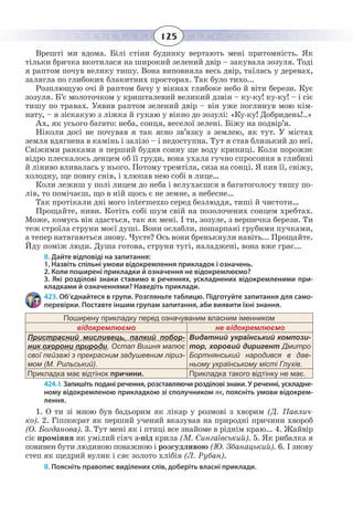 125
Врешті ми вдома. Білі стіни будинку вертають мені притомність. Як
тільки бричка вкотилася на широкий зелений двір – закувала зозуля. Тоді
я раптом почув велику тишу. Вона виповняла весь двір, таїлась у деревах,
залягла по глибоких блакитних просторах. Так було тихо...
Розплющую очі й раптом бачу у вікнах глибоке небо й віти берези. Кує
зозуля. Б’є молоточком у кришталевий великий дзвін – ку-ку! ку-ку! – і сіє
тишу по травах. Уявив раптом зелений двір – він уже поглинув мою кім-
нату, – я зіскакую з ліжка й гукаю у вікно до зозулі: «Ку-ку! Добридень!..»
Ах, як усього багато: неба, сонця, веселої зелені. Біжу на подвір’я.
Ніколи досі не почував я так ясно зв’язку з землею, як тут. У містах
земля вдягнена в камінь і залізо – і недоступна. Тут я став близький до неї.
Свіжими ранками я перший будив сонну ще воду криниці. Коли порожнє
відро плескалось денцем об її груди, вона ухала гучно спросоння в глибині
й ліниво вливалась у нього. Потому тремтіла, сиза на сонці. Я пив її, свіжу,
холодну, ще повну снів, і хлюпав нею собі в лице…
Коли лежиш у полі лицем до неба і вслухаєшся в багатоголосу тишу по-
лів, то помічаєш, що в ній щось є не земне, а небесне…
Так протікали дні мого intermezzо серед безлюддя, тиші й чистоти…
Прощайте, ниви. Котіть собі шум свій на позолочених сонцем хребтах.
Може, комусь він здасться, так як мені. І ти, зозуле, з вершечка берези. Ти
теж строїла струни моєї душі. Вони ослабли, пошарпані грубими пучками,
а тепер натягаються знову. Чуєте? Ось вони бренькнули навіть... Прощайте.
Йду поміж люди. Душа готова, струни тугі, наладжені, вона вже грає...
ІІ. Дайте відповіді на запитання:
1. Назвіть спільні умови відокремлення прикладок і означень.
2. Коли поширені прикладки й означення не відокремлюємо?
3. Які розділові знаки ставимо в реченнях, ускладнених відокремленими при-
кладками й означеннями? Наведіть приклади.
423. Об’єднайтеся в групи. Розгляньте таблицю. Підготуйте запитання для само-
перевірки. Поставте іншим групам запитання, аби виявити їхні знання.
Поширену прикладку перед означуваним власним іменником
відокремлюємо не відокремлюємо
Пристрасний мисливець, палкий побор-
ник охорони природи, Остап Вишня малює
своï пейзажi з прекрасним задушевним лiриз-
мом (М. Рильський).
Видатний український компози-
тор, хоровий диригент Дмитро
Бортнянський народився в дав-
ньому українському місті Глухів.
Прикладка має відтінок причини. Прикладка такого відтінку не має.
424. І. Запишіть подані речення, розставляючи розділові знаки. У реченні, ускладне-
ному відокремленою прикладкою зі сполучником як, поясніть умови відокрем-
лення.
1.  О ти зі мною був бадьорим як лікар у розмові з хворим (Д. Павлич-
ко). 2. Гіппократ як перший учений вказував на природні причини хвороб
(О. Богданова). 3. Тут мені як і птиці все знайоме в ріднім краю... 4. Жайвір
сіє проміння як умілий сіяч з-під крила (М. Сингаївський). 5. Як рибалка я
повинен бути людиною поважною і розсудливою (Ю. Збанацький). 6. І знову
степ як щедрий вулик і сяє золото хлібів (Л. Рубан).
ІІ. Поясніть правопис виділених слів, доберіть власні приклади.
 
