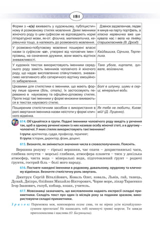 181
Форми з –к(а) вживають у художньому, публіцистич-
ному й розмовному стилях мовлення. Деякі іменники
жіночого роду із цим суфіксом не відповідають нормі
літературної мови, як-от: фізичка, математичка, ке-
рівничка тощо, а належать до розмовного мовлення.
Дзвінок задзеленчав, ледве
я кинув на парту портфель, а
класна керівничка вже ши-
кувала нас і вела на лінійку
старшокласників (В. Дрозд).
У розмовно-побутовому мовленні поширені власні
назви із суфіксом -их-, утворені від чоловічих імен і
прізвищ, на означення дружини, вони мають відтінок
зневажливості.
Кайдашиха, Сірчиха, Терпе-
лиха.
У художніх текстах використовують іменники серед-
нього роду замість іменників чоловічого й жіночого
роду, що надає висловленню співчутливого, зневаж-
ливо негативного або сатиричного відтінку емоційно-
го забарвлення.
Таке убоге, кирпате, зух-
вале, войовниче.
Цікавими для стилістики є іменники, що мають фор-
му лише однини (біль, сталь),  їх застосовують пе-
реважно в науковому та офіційно-діловому стилях.
Проте іноді такі іменники у формі множини вживають-
ся в текстах наукового стилю.
Болі в шлунку, шуми в сер-
ці, мінеральні води.
Поширеним стилістичним засобом є використання в
ролі звертання іменника-назви неістоти у формі клич-
ного відмінка.
Як тебе не любити, Києве
мій! (Д. Луценко).
614. Об’єднайтеся в групи. Подані іменники чоловічого роду введіть у речення
так, щоб в одному реченні кожен із них називав особу жіночої статі, а в другому –
чоловічої. У яких стилях використовують такі іменники?
І група: архітектор, суддя, професор, терапевт;
ІІ група: історик, директор, фізик, доцент.
615. Визначте, як змінюється значення числа в словосполученнях. Поясніть.
Вершина розуму – гірські вершини, час спати – дохристиянські часи,
глибина почуття – морські глибини, атмосфера планети – тиск у декілька
атмосфер, чиста вода – мінеральні води, підготовлений ґрунт – родючі
ґрунти, гострий біль – болі мого народу.
616. Поставте наведені іменники в родовому, давальному, орудному та клично-
му відмінках. Визначте стилістичну роль звертань.
Дмитрук Сергій Віталійович, Коваль Олег, коваль, Львів, гай, танець,
Дунай, Дніпро, Олійник Михайло Вікторович, Чорне море, лікар Тарасенко
Ігор Іванович, голуб, кобзар, козак, учитель.
617. Мовознавці зазначають, що висловленням надають експресії складні при-
кметники. Складіть текст про один із місяців року за поданим зразком, вико-
ристовуючи складні прикметники.
З р а з о к: Переможна моя, невпокорена осене сива, ти не віриш усім відчайдушно-
сумним прогнозам! Не нашкодять тобі неминучі тривкі морози. Ти завжди
приголомшлива і щаслива (О. Багрянцева).
 