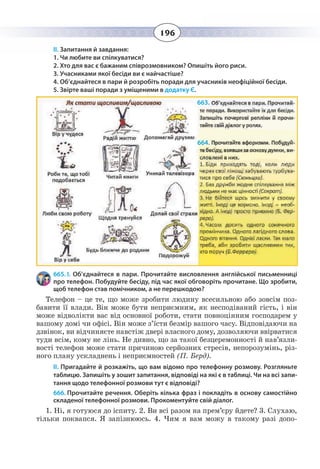 196
ІІ. Запитання й завдання:
1. Чи любите ви спілкуватися?
2. Хто для вас є бажаним співрозмовником? Опишіть його риси.
3. Учасниками якої бесіди ви є найчастіше?
4. Об’єднайтеся в пари й розробіть поради для учасників неофіційної бесіди.
5. Звірте ваші поради з уміщеними в додатку Є.
665. І. Об’єднайтеся в пари. Прочитайте висловлення англійської письменниці
про телефон. Побудуйте бесіду, під час якої обговоріть прочитане. Що зробити,
щоб телефон став помічником, а не перешкодою?
Телефон – це те, що може зробити людину всесильною або зовсім поз-
бавити її влади. Він може бути неприємним, як несподіваний гість, і він
може відволікти вас від основної роботи, стати повноцінним господарем у
вашому домі чи офісі. Він може з’їсти безмір вашого часу. Відповідаючи на
дзвінок, ви відчиняєте навстіж двері власного дому, дозволяючи ввірватися
туди всім, кому не лінь. Не дивно, що за такої безцеремонності й нав’язли-
вості телефон може стати причиною серйозних стресів, непорозумінь, різ-
ного плану ускладнень і неприємностей (П. Берд).
ІІ. Пригадайте й розкажіть, що вам відомо про телефонну розмову. Розгляньте
таблицю. Запишіть у зошит запитання, відповіді на які є в таблиці. Чи на всі запи-
тання щодо телефонної розмови тут є відповіді?
666. Прочитайте речення. Оберіть кілька фраз і покладіть в основу самостійно
складеної телефонної розмови. Прокоментуйте свій діалог.
1.  Ні, я готуюся до іспиту. 2. Ви всі разом на прем’єру йдете? 3. Слухаю,
тільки поквапся. Я запізнююсь. 4. Чим я вам можу в такому разі допо-
663.
664.
 