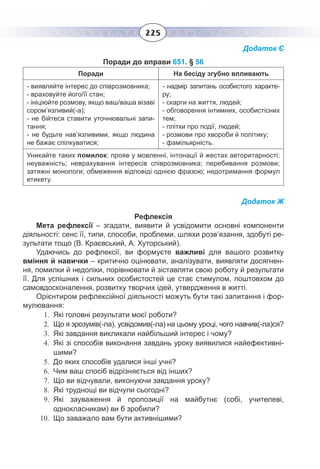 225
Додаток Є
Поради до вправи 651. § 56
Поради На бесіду згубно впливають
- виявляйте інтерес до співрозмовника;
- враховуйте його/її стан;
- ініціюйте розмову, якщо ваш/ваша візаві
сором’язливий(-а);
-  не бійтеся ставити уточнювальні запи-
тання;
- не будьте нав’язливими, якщо людина
не бажає спілкуватися;
- надмір запитань особистого характе-
ру;
- скарги на життя, людей;
- обговорення інтимних, особистісних
тем;
- плітки про події, людей;
- розмови про хвороби й політику;
- фамільярність.
Уникайте таких помилок: прояв у мовленні, інтонації й жестах авторитарності;
неуважність; неврахування інтересів співрозмовника; перебивання розмови;
затяжні монологи; обмеження відповіді однією фразою; недотримання формул
етикету.
Додаток Ж
Рефлексія
Мета рефлексії – згадати, виявити й усвідомити основні компоненти
діяльності: сенс її, типи, способи, проблеми, шляхи розв’язання, здобуті ре-
зультати тощо (В. Краєвський, А. Хуторський).
Удаючись до рефлексії, ви формуєте важливі для вашого розвитку
вміння й навички – критично оцінювати, аналізувати, виявляти досягнен-
ня, помилки й недоліки, порівнювати й зіставляти свою роботу й результати
її. Для успішних і сильних особистостей це стає стимулом, поштовхом до
самовдосконалення, розвитку творчих ідей, утвердження в житті.
Орієнтиром рефлексійної діяльності можуть бути такі запитання і фор-
мулювання:
1.	 Які головні результати моєї роботи?
2.	 Що я зрозумів(-ла), усвідомив(-ла) на цьому уроці, чого навчив(-ла)ся?
3.	 Які завдання викликали найбільший інтерес і чому?
4.	 Які зі способів виконання завдань уроку виявилися найефективні-
шими?
5.	 До яких способів удалися інші учні?
6.	 Чим ваш спосіб відрізняється від інших?
7.	 Що ви відчували, виконуючи завдання уроку?
8.	 Які труднощі ви відчули сьогодні?
9.	 Які зауваження й пропозиції на майбутнє (собі, учителеві,
однокласникам) ви б зробили?
10.	 Що заважало вам бути активнішими?
 
