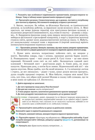 32
ІІ. Розкажіть про особливості відмінювання прикметників, використовуючи та-
блицю. Чому в таблиці немає прикметників середнього роду?
89. Прочитайте речення. Словосполучення, що в дужках, поставте в потрібному
для контексту відмінку. Які елементи комфорту згадано в реченнях?
1.  Звісно, жалкую. За тобою, за (білолиця Настуся), за (дзвінкоголосі
дівчата), за (улюблена робота), за (вранішні шум) великого міста. 2. Мені
здається, що немає (краща терапія), ніж прогулянка (вечірня вулиця), а
від (осіння депресія) й невпевненості, від утоми й смутку – розмова з людь-
ми… 3. Заварюючи (ранкова кава), вона щоразу вишукувала нові рецепти,
вибирала філіжанки з (рельєфний візерунок), а поруч у (крихітна вазочка)
ставила квіти, аромат яких додавав (витончені нотки) до смаку. 4. Мабуть,
усі шанувальниці солодкої кави з вершками й (тертий шоколад) мріють
посмакувати (справжня віденська кава).
90. І.  Прочитайте речення. Випишіть іменники, від яких можна утворити прикметники.
Усно поставте їх у формі давального й знахідного відмінків однини жіночого роду.
1.  Буває мить якогось потрясіння: побачиш світ, як вперше у
житті. Звичайна хмара, сіра і осіння, пропише раптом барви золоті.
2.  Розвиднилось траві – такі упали роси! 3. Сухі гілки – це вже вінок
терновий. Останній клен світ за очі забіг. Залишиться єдиний лист
кленовий – бетонний лист – розв’язкою доріг. 4. Синіє день, як пізні
капусти. Приходив дощ, а потім було зимно. Біднесенький мій ліс! – він
крила опустив. Нема грибів, хоч би який мізинок. 5. І в епіцентрі логіки
і стресу, де все змішалось – рідне і чуже, цінує розум вигуки прогресу,
душа скарби прадавні стереже. 6. Моя бабусю, старша моя мамо! Хоч
слід, хоч тінь, хоч образ свій залиш! Якими я скажу тобі словами, що ти
в мені повік не одболиш (Л. Костенко).
ІІ. Дайте відповіді на запитання:
1. До чого привертає нашу увагу Ліна Костенко?
2. Що для вас означає «мить потрясіння»?
3. У яких рядках звучить захоплення дивовижною красою природи?
4. До яких роздумів і висновків вас спонукають усі ці уривки поезії?
Екологія слова: стародавні, давні, прадавні (а не древні) народи; вередлива (а
не капризна) дитина; надзвичайні заходи (а не крайні міри); трива-
лий (а не довгий) час; спільні (а не загальні) зусилля; зайвий (а не
лишній) раз; улюблений (а не любимий) співак.
91. Проаналізуйте свою роботу на уроці за довільною схемою.
Виконайте один із варіантів домашнього завдання:
92. Опишіть зимовий пейзаж, використовуючи відносні прикметники.
93. Підготуйте проект «Культура, яку обираємо ми». Обґрунтуйте свій вибір. У разі
потреби використайте таблицю, уміщену в додатку (Додаток А), доповнивши чи
скоротивши її.
94. Напишіть есе «Буває мить якогось потрясіння…».
 