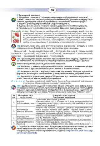 58
ІІ. Запитання й завдання:
1. Що робила талановита співачка для популяризації української культури?
2. Як ви ставитеся до того, що сучасні українські виконавці, учасники конкурсу Євро-
бачення, пропонують світові не український, а іншомовний пісенний продукт?
3. Виділіть у тексті дієприкметники. Охарактеризуйте їх.
4. Від яких дієслів можна утворити пасивні дієприкметники? Усно утворіть.
5. Поясніть закінчення виділених іменників у родовому відмінку однини.
Екологія слова: Завідувач (а не завідуючий) відділу; командувач армії (а не ко-
мандуючий армією); молоде (а не підростаюче) покоління, юнь; мить
(а не миттєвість); уживаний/вживаний (а не бувший у використан-
ні); мотивувальний (а не мотивуючий); охолоджувальний (а не охолоджу-
ючий);мийний(анемиючий)засіб;керівна(анеправляча)еліта;потерпі-
лий (а не постраждалий); постійна (а не постійно діюча) комісія.
182. Запишіть пари слів, усно з’ясуйте лексичне значення їх і складіть із ними
словосполучення. Визначте, до яких частин мови вони належать.
Балакучий – балакливий; болючий – болісний; благаний – благальний;
кусючий – кусливий; люблячий – люб’язний; неминучий – неминаючий;
палючий – палаючий; терплячий – терпеливий.
183. Проаналізуйтейзробітьвисновокпровашідосягненнянауроці.Поділітьсясвої-
ми враженнями. Чи сталися зміни у вашому ставленні, ваших поглядах і думках?
Виконайте один із варіантів домашнього завдання:
184. Випишіть із текстів публіцистичного стилю речення з активними дієпри-
кметниками. У дужках запишіть варіант заміни їх іншими словами.
185. Розгляньте колаж із картин українських художників. Знайдіть про них ін-
формацію й підготуйте повідомлення, у якому використайте дієприкметники.
186. Випишіть із друкованих джерел ЗМІ речення про талановитих українських
дітей. Уживайте в них пасивні дієприкметники.
З р а з о к: Одинадцятирічний львів’янин Богдан Луц визнаний найкращим
учасником Міжнародного конкурсу скрипалів.
187. І. Для виконання завдання об’єднайтеся в пари. Сплануйте свою роботу, визна-
чте завдання кожному/кожній. Прочитайте інформацію, розміщену в таблиці. Дайте
письмові відповіді на запитання, використовуючи дієприкметники. Підготуйте ко-
ротку презентацію про цих людей. Чи можна їх назвати талантами України? Чому?
№
п/п
Прізвище, ім’я,
по батькові
Ключові слова, фрази.
Проблемне запитання
1.
Каразін
Василь Назарович
Просвітник, винахідник, учений;
Чому вважають, що В. Каразін на 5 років випередив Берлін-
ський університет Фрідріха Вільгельма; поклав кінець провін-
ційній історії Харкова?
2.
Костомаров
Микола Іванович
Український історик; заслуги: десятки фундаментальних
праць з історії України; сотні статей і нарисів, кожен із яких і
зараз має абсолютну наукову цінність. Чому М. Костомарова
називають великим патріотом України?
3.
Вернадський
Володимир Іванович
Учений, засновник біогеохімії, радіогеології, здійснив відкрит-
тя у 12-и галузях науки.
Чому В.Вернадського порівнюють із Ньютоном і Ейнштейном?
4.
Варвара Николівна
Ханенко
Українська колекціонерка, меценатка.
Якими добрими справами увінчала своє життя В.Ханенко?
ІІ. Поділіться своїми відкриттями. Що про цих людей вам було відомо до вико-
нання завдання? Яке враження справила на вас інформація про них?
Інформація для виконання проблемного завдання: http://heroes.profi-forex.org/
ua/category/scientists.
 