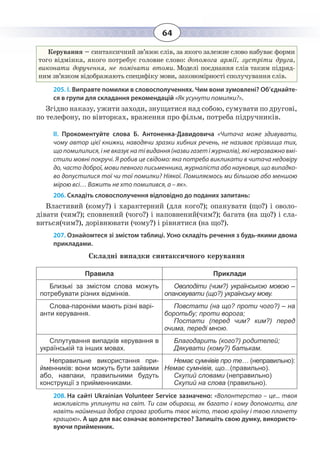 64
Керування – синтаксичний зв’язок слів, за якого залежне слово набуває форми
того відмінка, якого потребує головне слово: допомога армії, зустріти друга,
виконати доручення, не помічати втоми. Моделі поєднання слів таким підряд-
ним зв’язком відображають специфіку мови, закономірності сполучування слів.
205. І. Виправте помилки в словосполученнях. Чим вони зумовлені? Об’єднайте-
ся в групи для складання рекомендацій «Як усунути помилки?».
Згідно наказу, ужити заходи, знущатися над собою, сумувати по другові,
по телефону, по вівторках, враження про фільм, потреба підручників.
ІІ.  Прокоментуйте слова Б.  Антоненка-Давидовича «Читача може здивувати,
чому автор цієї книжки, наводячи зразки хибних речень, не називає прізвища тих,
щопомилилися,іневказуєнатівидання(назвигазетіжурналів),якінерозважновмі-
стили мовні покручі. Я робив це свідомо: яка потреба викликати в читача недовіру
до, часто доброї, мови певного письменника, журналіста або науковця, що випадко-
во допустилися тої чи тої помилки? Ніякої. Помиляємось ми більшою або меншою
мірою всі… Важить не хто помилився, а – як».
206. Складіть словосполучення відповідно до поданих запитань:
Властивий (кому?) і характерний (для кого?); опанувати (що?) і оволо-
дівати (чим?); сповнений (чого?) і наповнений(чим?); багата (на що?) і сла-
виться(чим?), дорівнювати (чому?) і рівнятися (на що?).
207. Ознайомтеся зі змістом таблиці. Усно складіть речення з будь-якими двома
прикладами.
Складні випадки синтаксичного керування
Правила Приклади
Близькі за змістом слова можуть
потребувати різних відмінків.
Оволодіти (чим?) українською мовою –
опановувати (що?) українську мову.
Слова-пароніми мають різні варі-
анти керування.
Повстати (на що? проти чого?) – на
боротьбу; проти ворога;
Постати (перед чим? ким?) перед
очима, переді мною.
Сплутування випадків керування в
українській та інших мовах.
Благодарить (кого?) родителей;
Дякувати (кому?) батькам.
Неправильне використання при-
йменників: вони можуть бути зайвими
або, навпаки, правильними будуть
конструкції з прийменниками.
Немає сумнівів про те… (неправильно):
Немає сумнівів, що...(правильно).
Скупий словами (неправильно)
Скупий на слова (правильно).
208. На сайті Ukrainian Volunteer Service зазначено: «Волонтерство – це... твоя
можливість уплинути на світ. Ти сам обираєш, як багато і кому допомогти, але
навіть найменша добра справа зробить твоє місто, твою країну і твою планету
кращою». А що для вас означає волонтерство? Запишіть свою думку, використо-
вуючи прийменник.
 