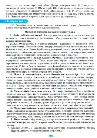 знає, та не всяк про неї дбає (Нар. творчість). 9. Люди
господарі своєї долі (В. Шекспір). 10. Світ наш — тільки школа,
де ми вчимося пізнавати (М. Монтень). 11. У душі кожної
людини міститься мініатюрний портрет її народу (Фрейтаг).
12. Л и ш в праці варто і для праці жить (/. Франко).
Це варто знати
24" Ознайомтеся з вимогами до написання твору. Доповніть їх
власними порадами д л я своїх однокласників.
Основні вимоги до написання твору
1. Відповідність темі. Автор має осмислити зміст кожного
поняття, що входить у заголовок, з'ясувати коло питань, які
варто висвітлити.
2. Змістовність і лаконічність, глибина й повнота роз-
криття теми. Змістовність твору досягається насамперед гли-
боким аналізом його ідейно-художньої своєрідності, умінням
оперувати літературознавчими поняттями, використовувати
літературну критику, історичні свідчення й факти.
3. Доказовість висловленої думки, аргументованість ви-
сунутого положення. Твір повинен бути цілеспрямованим,
пронизаним головною думкою, якій підкорюються всі інші су-
дження. Робота без основної тези й необхідних доказів перетво-
рюється у виклад випадково збережених у пам'яті уривчастих
відомостей про якогось героя або подію.
4. План і логічність, послідовність викладу. Від добре
складеного плану залежать глибина й змістовність твору.
Кожне нове положення, висунуте автором твору, повинне бути
результатом попереднього, закономірно й природно випливати
з нього. Твір, написаний за чітким планом, відрізняє струнка
композиція, домірність частин, цілісність викладу.
5. Самостійність мислення. У творі повинно бути відбите
власне « я » автора, його думка, знання прочитаного й здатність
кваліфіковано аналізувати. Самостійність — це невід'ємна
риса твору, однак автор повинен уміти судити самостійно про
добуток з позицій істин, уже відомих у літературознавстві, і
викладати ці судження своїми словами, так, як він їх розуміє.
6. Оригінальність, стильова єдність і виразність оповіді.
Твір повинен відрізнятися сукупністю певних мовних засобів,
що обумовлюється жанром роботи, власним відношенням автора
до того, про що він пише, рівнем загального й мовного розвитку.
7. Н е з а л е ж і ^ від жанру, типу письмової роботи, індивіду-
альної манери оповіді, варто пам'ятати про загальні вимоги до
твору:
* правильність і чистота (граматична правильність мови,
відповідність літературним нормам);
180
 