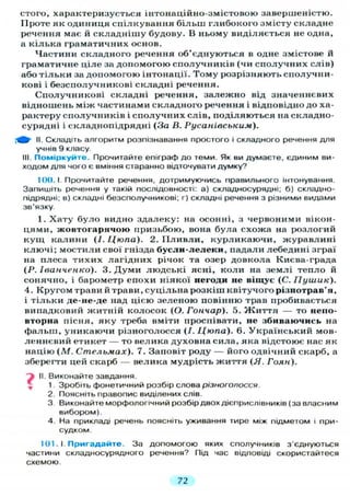 стого, характеризується інтонаційно-змістовою завершеністю.
Проте як одиниця спілкування більш глибокого змісту складне
речення має й складнішу будову. В ньому виділяється не одна,
а кілька граматичних основ.
Частини складного речення об'єднуються в одне змістове й
граматичне ціле за допомогою сполучників (чи сполучних слів)
або тільки за допомогою інтонації. Тому розрізняють сполучни-
кові і безсполучникові складні речення.
Сполучникові складні речення, залежно від значеннєвих
відношень між частинами складного речення і відповідно до ха-
рактеру сполучників і сполучних слів, поділяються на складно-
сурядні і складнопідрядні (За В. Русанівським).
II. Складіть алгоритм розпізнавання простого і складного речення д л я
учнів 9 класу.
III. Поміркуйте. Прочитайте епіграф до теми. Як ви думаєте, єдиним ви-
ходом для чого є вміння старанно відточувати думку?
100. І Прочитайте речення, дотримуючись правильного інтонування.
Запишіть речення у такій послідовності: а) складносурядні; б) складно-
підрядні; в) складні безсполучникові; г) складні речення з різними видами
зв'язку.
1. Хату було видно здалеку: на осонні, з червоними вікон-
цями, жовтогарячою призьбою, вона була схожа на розлогий
кущ калини (І. Цюпа). 2. Пливли, курликаючи, журавлині
ключі; мостили свої гнізда бусли-лелеки, падали лебедині зграї
на плеса тихих лагідних річок та озер довкола Києва-града
(Р. Іванченко). 3. Думи людські ясні, коли на землі тепло й
сонячно, і барометр епохи ніякої негоди не віщує (С. Пушик).
4. Кругом трави й трави, суцільна розкіш квітучого різнотрав'я,
і тільки де-не-де над цією зеленою повінню трав пробивається
випадковий житній колосок (О. Гончар). 5. Життя — то непо-
вторна пісня, яку треба вміти проспівати, не збиваючись на
фальш, уникаючи різноголосся (І. Цюпа). 6. Український мов-
леннєвий етикет — то велика духовна сила, яка відстоює нас як
націю (М. Стельмах). 7. Заповіт роду — його одвічний скарб, а
зберегти цей скарб — велика мудрість життя (Я. Гоян).
f II. Виконайте завдання.
, 1. Зробіть фонетичний розбір слова різноголосся.
2. Поясніть правопис виділених слів.
З Виконайте морфологічний розбір двох дієприслівників (за власним
вибором).
4. На прикладі речень поясніть уживання тире між підметом і при-
судком.
101. І. Пригадайте. За допомогою яких сполучників з'єднуються
частини складносурядного речення? Під час відповіді скористайтеся
схемою
72
 