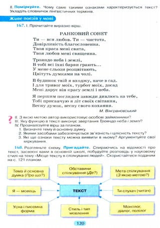 II. Поміркуйте. Чому саме такими ознаками характеризується текст?
Укладіть словничок лінгвістичних термінів.
Живе поезія у мові
167. І. Прочитайте виразно вірш.
Р А Н К О В И Й С О Н Е Т
Т и — вся л ю б о в . Т и — чистота.
Д о в і р л и в і с т ь б л а г о с л о в е н н а .
Т в о я краса м е н і свята,
Т в о я л ю б о в мені с в я щ е н н а .
Т р о я н д о неба і з е м л і ,
В тобі всі ї х н і барви г р а ю т ь . . .
У мене с л ь о з и р о з ц в і т а ю т ь ,
Ц в і т у т ь д у м к а м и на ч о л і .
В б у д и н о к твій я в х о д ж у , наче в сад.
І д л я т р и в о г м о ї х , т у р б о т м о ї х , досад
М е н і д а р у є він к р а с у з е м л і і неба.
Я п е р ш и м п о г л я д о м з а в ж д и д и в л ю с ь на тебе,
Т о б і п р и с в я ч у ю я л і т своїх с в і т а н н я ,
Весну д у м о к , весну свого к о х а н н я .
М. Вінграновський
} II 3 якою метою автор використовує особові займенники?
III. Яку функцію в тексті виконує звертання Трояндо неба і землі?
IV. Проаналізуйте вірш за планом.
1. Визначте тему й основну думку.
2. Якими засобами забезпечується зв'язність і цілісність тексту?
3. Які ще ознаки тексту можна виявити в ньому? Аргументуйте свої
міркування.
1ЬН. Розгляньте схему. П р и г а д а й т е . Спираючись на відомості про
текст, засвоєні вами в основній школі, побудуйте розповідь у науковому
стилі на тему «Місце тексту в спілкуванні людей». Скористайтеся поданим
на с. 121 планом.
120
 