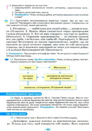 II Виконайте завдання за текстом.
1. Сформулюйте визначення понять риторика, мовленнєва куль-
тура.
2. Складіть цитатний план тексту.
3. Поміркуйте. Чому, на вашу думку, риторику вважають мистецтвом
слова?
52. І. Прочитайте висловлювання видатних людей. Що ви про них
знаєте? Підтвердіть або спростуйте висловлені думки, спираючись на
свої знання з історії, інших дисциплін.
1. Р и т о р и к а . . . — н а й б і л ь ш е д л я л ю д е й добро ... д ж е р е л о вла-
ди {Іілатон). 2. Навіть зброя с х и л я є т ь с я перед ораторським
словом (Цицерон). 3. Х т о не вміє говорити, кар'єри не зробить
(Наполеон). 4. Справжнє красномовство — це вміння сказати
все, щ о треба, і не б і л ь ш е , ніж треба (Ф. Ларошфуко). 5. М о л о д і
оратори! В с т у п и в ш и до ш к о л и красномовства, знайте, щ о ви
прагнете до такої почесної справи, яка сама по собі настільки
корисна, щ о її н а л е ж и т ь в и к л а д а т и не л и ш е д л я вашого добра,
а й на б л а г о Б а т ь к і в щ и н и ! (Ф. Прокопович).
II. Поміркуйте. Прочитайте епіграф до теми. Чи актуальні слова Сократа?
Обґрунтуйте відповідь.
53. Розгляньте схему. Зробіть висновок. Чому, на вашу думку, про ри-
торику говорять як про науку і мистецтво?
54. Один із відомих лінгвістів XX ст. Постав Гійом писав: МОСТИ спо-
руджувалися шляхом будівництва мостів, але ця експериментальна наука
будівництва мостів дала теоретичну науку будівництва мостів, яка стала
наукою інженерною. Не існує інженерів-лінгвістів і не існує науки будівни-
цтва мовленнєвої діяльності. Поміркуйте. Чи правий учений? Висловіть
свій погляд на проблему.
Це варто знати
55. І. Прочитайте текст. Визначте його тему й основну думку.
...Демосфену довелося взятися за красномовство випадко-
во. Т і л ь к и д л я того, щ о б повернути собі майно. Й о г о перший
40
 