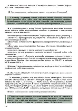 II. Випишіть іменники, визначте їх граматичне значення. Позначте суфікси.
Які з них є найуживанішими?
III. Якого стилістичного забарвлення надають текстові вжиті іменники?
У діловому і науковому стилях найбільш уживані іменники середнього
роду з суфіксами -ство, -цтво, -ння, -ття та переважна більшість іменників,
що вживаються лише в однині або лише у множині. Заміна множини одниною
і навпаки як стилістичний прийом зазвичай не використовуються.
36.1. Прочитайте уривок із Закону України. Проаналізуйте мовні засоби наведеного
тексту. Поясніть, якими морфологічними одиницями і прийомами їх використання
твориться стильове забарвлення.
Основними завданнями законодавства України про загальну середню освіту є:
забезпечення права громадян на доступність і безоплатність здобуття повної
загальної середньої освіти;
забезпечення необхідних умов функціонування і розвитку загальної середньої
освіти;
забезпечення нормативно-правової бази щодо обов'язковості повної загальної
середньої освіти;
визначення структури та змісту загальної середньої освіти;
визначення органів управління системою загальної середньої освіти та їх
повноважень;
визначення прав і обов’язків учасників навчально-виховного процесу,
встановлення відповідальності за порушення законодавства про загальну середню
освіту (Закон України «Про загальну середню освіту» № 651-XIV, зі змінами
від 4 червня 2008 р.).
II. Визначте стилістично забарвлені морфологічні засоби у тексті та їх функції. Зробіть
морфологічний розбір виділених слів.
37.1. Прочитайте. Обґрунтуйте стилістичну доцільність використання форми множини
виділених іменників.
1. За гречками, у долині, там, де плетивом ткався сивий туман, показалося
село (Ю. Збанацький). 2. Пшениці були густі і вусаті, воскове волосся важко
хиталося на вітрі (О. Донченко). 3. Ж ит а пахли, бузина розцвітала білими
сузір'ями цвіту (О. Донченко). 4. Земля підставляла сонцеві нахололі за зиму
чорніріллі та сірі стерні (І. Цюпа). 5. Отави* пахнуть п'янко, хоч і не так, як перші
сіна (Ю. Збанацький). 6. Ніч свої згортає шати, впали роси на поля (Б. Сосюра).
П. Звірте свої міркування з наведеним теоретичним матеріалом.
Уживання форми множини загальних іменників, які зазвичай уживаються
в однині, своєю рідковживаністю стилістично увиразнює сказане шляхом
семантичного кількісного збільшення опредмеченої ознаки: Я к довго йшла до
тебе, як нехутко, і скільки ще і сумнівів, і втом! (ЛКостенко).
18
 