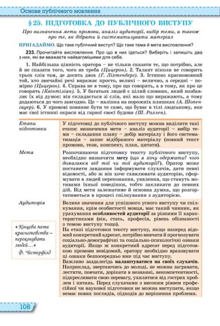 108
снови пу лі но о мовл нн
. П О ОВКА О ПУ НО О В С УПУ
ро ви ач ти ро ови а а і а диторі ви ір т и а тако
ро т к ді рати й сист ати вати ат ріа
ПРИГАДАЙМО. о таке пу лі ни виступ о таке тема мета висловлення
2 3 3 . Про ита те висловлення. Про що в них ідеться Ви еріть і запи іть два
з них які ви вва а те на вагомі ими для се е.
айбільша цінність оратора не тільки сказати те, що потрібно, але
й не сказати того, чого не треба ( и ро ) . алант ніколи не говорить
трьо слів там, де досить дво (Г. і т рг) стинно красномовний
той, то звичайні речі виражає просто, великі велично, а середні по
мірно ( и ро ) права не в тому, про що говорять, а в тому, як про це
говорять ( ві ті іа ) багатьо л дей є цілий словник, який позбав
ляє ї від думок він складається зі слів, які мало що виража ть, а тому
дода ться до чого завгодно е наліпка на порожні пляшка ( . о
га р) промові повинне бути те саме, що буває в тілі л дському, яке
має свої істинні окраси від гарної своєї будови ( . о )
та и
ідготовки
підготовці до публічного виступу можна виділити такі
етапи визначення мети аналіз аудиторії вибір те
ми складання плану добір матеріалу і його система
тизація запис відібраного матеріалу повний текст
промови, тези, конспект, план, цитати
Ìåòà озпочина чи підготовку тексту публічного виступу,
необ ідно визначити мету ( о оч од р ати чого
до ага с від то чи то а диторі ратор може
поставити завдання інформувати слу ачів, дати певні
відомості, або ж він оче с вил вати аудиторі , сфор
мувати в л дей переконання, уявлення, що стануть мо
тивами ї ньої поведінки, тобто закликати до певни
дій ід мети залежатиме й основна думка, що розгор
татиметься в процесі спілкування з аудиторіє
диторі елике значення для успішного усного виступу чи спіл
кування, крім особистості мовця, має такий чинник, як
ура ування особливостей аудиторії за різними її арак
теристиками вік, стать, професія, рівень обізнаності
з темо виступу тощо
а етапі підготовки тексту виступу, якщо наперед відо
мий конкретний адресат, потрібно вивчати й прогнозувати
соціально демографічні та соціально пси ологічні ознаки
аудиторії кщо ж конкретний адресат перед підготов
ко промови невідомий, оратору необ ідно вра овувати
ці ознаки безпосередньо вже під час виступу
ажливо заздалегідь налаштуватися на своїх слухачів
априклад, зверта чись до молоді, не можна загравати,
лестити, повчати, дорікати в незнанні, некомпетентності,
підкресл вати сво перевагу, у илятися від гостри проб
лем і питань еред слу ачами з високим рівнем профе
сійної чи наукової підготовки не можна виступати, якщо
немає нови поглядів, під одів до вирішення проблеми
Êіíöåâà ìåòà
êðàñíîìîâñòâà –
ïåðåêîíóâàòè
ëþäåé…
Ô. ×åñòåðôіëä
 