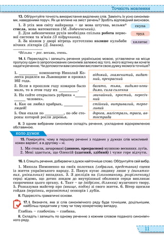 11
о ніст мовл нн
1 3 . О рунту те то ність використання виділених слів. Замініть їх усно синоніма
ми наведеними пору . Як це вплине на зміст ре ень Зро іть відповідни висновок.
усі мов світу найкраща це мова штучна, вельми
ñòèñëà, мова математики ( . о ач вський)
ля забезпечення ру ів необ ідна спільна ðîáîòà нерво
вої системи та м’язів ( ідр ч ика)
а вікном у дворі вітрець пустотливо êîëèøå кульбаби
нічни лі тарів ( . ва ов)
*Âå ь и рос. весьма, очень
1 4 . І. Перекладіть і запи іть ре ення українсько мово уставля и на місце
пропуску один із запропонованих синонімів зале но від того якого відтінку ви хо ете
надати ре енн . Чи допомогли вам синоніми висловити сво думку якомога то ні е
композитор иколай о
лесса родился на ьвовщине и прожил
года
відо ий а итий видат
ий р крас ий
сли в прошлом году комаров б ло
мало, то в том году и
агато ть а види о ви
ди о си а си а
а сайте откр лась рубрика
человек
вичай ий ростий р січ
ий
ак он л бил рабр ,
л дей
стійкий витрива ий т р
ивий
ни е али по , по обе сто
рон которой росли деревья
дорога агістра ь траса ав
тострада
ІІ. З одним ви раним синонімом складіть ре ення ускладнене відокремлено
о ставино .
1 5 . Помірку те ому в пер ому ре енні з поданих у ду ках слів мо ливи
ко ен варіант а в другому ні.
и стояли, зачаровані дивною рекрасною музико весняни лугів
ені здається, що лексій здатний здібний і чуже горе відчути
оло умо
1 6 . І. пи іть ре ення до ира и з ду ок на то ні е слово. О рунту те сві ви ір.
икола имоненко на свої полотна ( о ра ив р дставив) сцени
із життя українського народу авук кусає л дину лише у (ви тко
ви іка ь и ) випадка дослідів на (і о ьова о ро рі о )
серці відомо, що дотик зондом до внутрішньої оболонки серця викликає
скорочення цього органу акт це (відрі ок ді ка) музичного твору
озказував майстер про ( ви оді ) зі свого життя ітер щосили
гойдав (в р івки в р овітт ) осокорів і дубів
ІІ. Підкресліть грамати ні основи.
1 7 . І. Визна те яке зі слів синонімі ного ряду уде то ні им доцільні им
на іль придатним у тому и тому конкретному випадку.
либінь глибочінь глибина
ІІ. кладіть і запи іть по одному ре енн з ко ним словом поданого синонімі
ного ряду.
скупа
труд
илитає
 