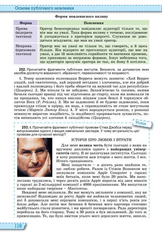 118
снови пу лі но о мовл нн
орми мовленн вого в ливу
орма Пояснення
ряма
відкрита
тактика
ратор безпосередньо повідомляє аудиторії тільки те, що
він має на увазі ака форма впливу є точно , послідовно
й узгоджується з критерієм щирості лу ачам не дово
диться вгадувати, що мав на увазі оратор
епряма
при ована
тактика
ратор має на увазі не тільки те, що говорить, а й щось
більше ін відкрито не проголошує аудиторії, що має на
увазі, а дає їй можливість сприйняти те значення промови,
яке при овано за непрямо формо снує небезпека того,
що аудиторія зрозуміє оратора не так, як йому б отілося
2 5 2 . Про ита те рагменти пу лі них виступів. Визна те за допомого яких
засо ів досягнуто виразності о разності переконливості та яскравості.
епер за исники полководця ерреса можуть заявити ай еррес
злодій, ай святотатець, ай перший негідник і злочинець, але він добрий
і вдалий полководець і його треба зберегти на важкий час для республіки
( и ро ) и ніколи ї не забудемо апам’ятаємо ї такими, якими
бачили сьогодні вранці під час підготовки до старту, коли ми пома али їм
на прощання, їм, то кинув виклик міцним узам емлі й торкнувся об
личчя ога ( . йга ) и не задоволені й не будемо задоволені, поки
правосуддя стікає в прірву, як вода, а справедливість не стане могутньо
течіє ( арті т р і г) місті народжується розкіш, з розкоші
неминуче виростає жадібність, із жадібності проривається зу валість, по
тім виника ть усі злочини й ли одійства ( и ро )
2 5 3 . І. Про ита те рагмент пу лі ної промови тіва о са перед
випускниками одного з вищих нав альних закладів. У ому актуальність ці ї
промови для су асної молоді
ля мене âåëèêà честь бути сьогодні з вами на
врученні дипломів одного з найкра их універ
ситетів світу не закінчував інститутів ьогодні
я очу розповісти вам історі з мого життя все
ічого грандіозного
ені пощастило я досить рано знайшов те,
що л бл робити азом із тівом озняком ми
заснували компані у гаражі
мої батьків, коли мені було років и напо
легливо трудилися, і через десять років виросла від дво наків
у гаражі до мільярдної компанії з працівниками и випустили
наше найкраще творіння акі то
евдовзі мене звільнили к вас можуть звільнити з компанії, яку ви
заснували ідповідно до росту ми наймали талановити л дей,
які б допомагали мені керувати компаніє , і в перші п’ять років усе
йшло добре ле потім моє бачення й бачення мого партнера стосовно
майбутнього стали різнитися, і ми врешті посварилися ада директорів
перейшла на його сторону ому в років я був звільнений о того ж
привсел дно е, що було змістом усього мого дорослого життя, зникло
Про ита те рагмент пу лі ної промови тіва о са перед
випускниками одного з вищих нав альних закладів. У ому актуальність ці ї
спі
 