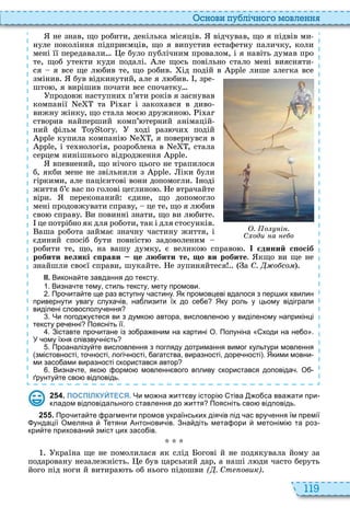119
снови пу лі но о мовл нн
не знав, що робити, декілька місяців відчував, що я підвів ми
нуле покоління підприємців, що я випустив естафетну паличку, коли
мені її передавали е було публічним провалом, і я навіть думав про
те, щоб утекти куди подалі ле щось повільно стало мені виясняти
ся я все ще л бив те, що робив ід подій в лише злегка все
змінив був відкинутий, але я л бив , зре
што , я вирішив почати все спочатку
продовж наступни п’яти років я заснував
компанії та і зако ався в диво
вижну жінку, що стала моє дружино
створив найперший комп’ терний анімацій
ний фільм оді раз чи подій
купила компані , я повернувся в
, і те нологія, розроблена в , стала
серцем нинішнього відродження
впевнений, що нічого цього не трапилося
б, якби мене не звільнили з іки були
гіркими, але пацієнтові вони допомогли ноді
життя б’є вас по голові цеглино е втрачайте
віри переконаний єдине, що допомогло
мені продовжувати справу, це те, що я л бив
сво справу и повинні знати, що ви л бите
це потрібно як для роботи, так і для стосунків
аша робота займає значну частину життя, і
єдиний спосіб бути повніст задоволеним
робити те, що, на вашу думку, є велико справо диний с осіб
робити великі с рави е любити те о ви робите. кщо ви ще не
знайшли своєї справи, шукайте е зупиняйтеся а С. о со
ІІ. Викона те завдання до тексту.
. Визна те тему стиль тексту мету промови.
. Про ита те ще раз вступну астину. Як промовцеві вдалося з пер их хвилин
привернути увагу слуха ів на лизити їх до се е Яку роль у цьому відіграли
виділені словосполу ення
. Чи погод у теся ви з думко автора висловлено у виділеному наприкінці
тексту ре енні Поясніть її.
. Зіставте про итане із зо ра еним на картині О. Полуніна ходи на не о .
У ому їхня співзву ність
. Проаналізу те висловлення з погляду дотримання вимог культури мовлення
змістовності то ності логі ності агатства виразності доре ності . Якими мовни
ми засо ами виразності скористався автор
. Визна те яко ормо мовленн вого впливу скористався доповіда . О
рунту те сво відповідь.
. о і .
С оди а о
2 5 4 . ПОСПІЛКУЙТЕСЯ. Чи мо на итт ву історі тіва о са вва ати при
кладом відповідального ставлення до иття Поясніть сво відповідь.
2 5 5 . Про ита те рагменти промов українських дія ів під ас вру ення їм премії
ундації Омеляна етяни Антонови ів. Зна діть мета ори метонімі та роз
кри те приховани зміст цих засо ів.
країна ще не помолилася як слід огові й не подякувала йому за
подаровану незалежність е був царський дар, а наші л ди часто беруть
його під ноги й витира ть об нього підошви ( . Ст овик)
 