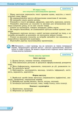 126
снови пу лі но о мовл нн
пам т а
1 орад тому
хто готу ться виголошувати ромову
 еред виступом перекажіть текст промови вдома, виділіть у тексті
кл чові слова, фрази
 е перевантажуйте виступ абстрактними поняттями й числами
 е вживайте надто довги речень
 живайте в тексті метафори, афоризми, прислів’я, приказки, цитати
 живайте звертання до слу ачів та вислови для встановлення кон
такту в р іть ваг к ви в а т тощо
 тежте за інтонаціє , говоріть нешвидко, робіть паузи
 е говоріть безособово, не зловживайте третьо особо однини і мно
жини
 ереводьте повільно погляд з однієї частини аудиторії на іншу, а за
потреби заглядайте до рукопису, не опуска чи низько голову
 тежте за реакціє слу ачів, за потреби змін йте тон мовлення, не
намагайтеся перекричати аудиторі
 ідготуйте доречну мультимедійну презентаці
2 6 6 . Виголосіть у класі промову яку ви написали за темо попередньої
вправи. Проаналізу те власни виступ і виступи однокласників визна те
сильні сла кі сторони. Ви мо ете скористатися подано ни е пам ятко
хема аналізу промови .
пам т а
Схема аналізу ромови
міст висту у
удова вступ, основна частина, завершення
ема наскільки доступно й зрозуміло сформульована розкриття
теми
ета інформувати, переконати, спонукати до дії, розважити то
що и досягнуто мети
містовність, послідовність викладу, точність інформації, логіч
ність, виразність, доречність
орма висту у
ербальні засоби мова виступу унормованість орфоепічні, лек
сичні, граматичні, синтаксичні норми
евербальні засоби міміка, жести, погляд, постава
нтонація логічний наголос, темп, тембр голосу, сила голосу
Контакт з аудиторі ю
ривітання, прощання
вертання до аудиторії
 