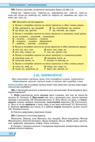 146
а ал н нн і сист мати а і
3 2 0 . пи іть ді слова уставля и пропущену укву е (є) а о и (ї).
овор мо, трима ться, пере од ш, перепрошу мо, л б ш, л б те,
каж мо, скаж ш, майстру ш, поміт ш, вирост ш, перемож мо, крут те,
вивч мо, пиш ш
3 2 1 . Викона те тестові завдання.
1. укву å потрібно писати на місці пропуску в обо слова рядка
À р дніпров’я, пр мудрий В пр спокійний, пр снився
Á пр буде, пр зручно пр чистий, пр гарно
. укву ñ потрібно писати на місці пропуску в кожному слові рядка
À ро плавити, пиляний, тримувати
Á тулити, плавити, чепити
В кладено, одити, формувати
ибити, шитий, кликано
. укву потрібно писати на місці пропуску в обо іменника рядка
À печ во, вул чка В вогн чок, мар во
Á річ чка, мороз во лев ня, рушн чок
. укву î потрібно писати на місці пропуску в словосполученні
À смачно каш В смачним лосос м
Á па учо вишн зустріч із віляр м
. укву å потрібно писати на місці пропуску в обо слова рядка
À стан ш, л б ш В говор мо, пиш ш
Á скаж ш, перемож ш вивч мо, матим ш
. МОР О О
ро са остій і части и ови і с и іч і о аки осо ивості
від і ва і и части ови а тако ро с ові с ова
ПРИГАДАЙМО. Які слу ові астини мови Чим самості ні астини мови відріз
ня ться від слу ових
3 2 2 . І. Про ита те ре ення та визна те усно астини мови. Як ви розумі те зміст
пер ого ре ення
кби композитор отів ñêàçàòè щось словами, він тоді не писав би
музику (С. і т р) асливий той, то, і зазнавши мук, життя прожив
прозоро і нат ненно ( . і гра овський) іто збігло, як день, і з невле
жаного туману вийшов синьоокий, золоточубий вересень ( . Ст ь а )
ого ж ти не рийшла у іншу пору, в час мого цвітіння ( . ост ко)
овітря тремтить від спеки, й у срібнім мареві танц ть далекі тополі
( . о и ський)
ІІ. Поясніть ор ограми у виділених словах.
3 2 3 . І. Запи іть у кли ному відмінку.
иколаїв, ерсон, пані аталія, пан ндрій, лія ндріївна, іктор
и айлович, лексій ванович, адія горівна, льга, рій, доня, матуся,
син, добродій, президент, офія, оня, лопець
ІІ. кладіть і запи іть ре ення з по иреним звертанням використав и іменник
у ормі кли ного відмінка.
 