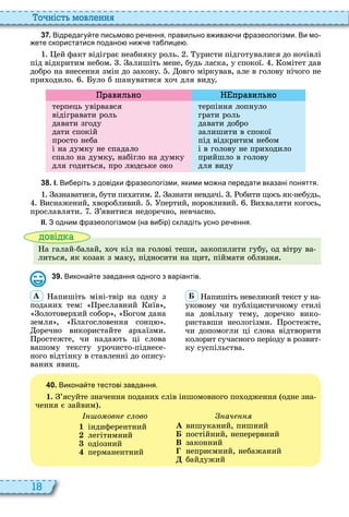 18
о ніст мовл нн
3 7 . Відредагу те письмово ре ення правильно в ива и разеологізми. Ви мо
ете скористатися подано ни е та лице .
ей факт відіграє неабияку роль уристи підготувалися до ночівлі
під відкритим небом алишіть мене, будь ласка, у спокої омітет дав
добро на внесення змін до закону овго міркував, але в голову нічого не
при одило уло б шануватися оч для виду
авил но п авил но
терпець увірвався
відігравати роль
давати згоду
дати спокій
просто неба
і на думку не спадало
спало на думку, набігло на думку
для годиться, про л дське око
терпіння лопнуло
грати роль
давати добро
залишити в спокої
під відкритим небом
і в голову не при одило
прийшло в голову
для виду
3 8 . І. Ви еріть з довідки разеологізми якими мо на передати вказані поняття.
азнаватися, бути пи атим азнати невдачі обити щось як небудь
иснажений, воробливий пертий, норовливий и валяти когось,
прославляти ’явитися недоречно, невчасно
ІІ. З одним разеологізмом на ви ір складіть усно ре ення.
ові а
а галай балай, оч кіл на голові теши, закопилити губу, од вітру ва
литься, як козак з маку, підносити на щит, піймати облизня
3 9 . Викона те завдання одного з варіантів.
À апишіть міні твір на одну з
подани тем реславний иїв ,
олотовер ий собор , огом дана
земля , лагословення сонц
оречно використайте ар аїзми
ростежте, чи нада ть ці слова
вашому тексту урочисто піднесе
ного відтінку в ставленні до опису
вани явищ
Á апишіть невеликий текст у на
уковому чи публіцистичному стилі
на довільну тему, доречно вико
риставши неологізми ростежте,
чи допомогли ці слова відтворити
колорит сучасного періоду в розвит
ку суспільства
4 0 . Викона те тестові завдання.
1. ’ясуйте значення подани слів іншомовного по одження одне зна
чення є зайвим
о ов с ово
1 індиферентний
2 легітимний
3 одіозний
4 перманентний
ач
À вишуканий, пишний
Á постійний, неперервний
В законний
неприємний, небажаний
байдужий
 