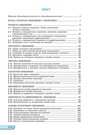 206
М С
а ов і оди ад тик ас ики й оди ад тик ас и і 3
4
оняття точності мовлення мови досягнення
точності мовлення
очність у використанні синонімів, омонімів, паронімів
і багатозначни слів
очність у використанні слів іншомовного по одження,
ар аїзмів, неологізмів, фразеологізмів 14
очність у використанні термінів та професіоналізмів
живання слів у властивому їм значенні 22
мови логічності висловлення
бзац як засіб логічної організації висловлення 32
лужбові та вставні слова як засіб дотримання логічності
огічність побудови тексту
имоги до логічності мовлення в різни стиля 43
истота мовлення й загальна культура л дини
икористання в мовленні слів іншомовного по одження
икористання в мовленні лексики обмеженого вживання
агатство мови і мовлення
разеологічне багатство української мови
есурси збагачення мовлення
инонімія
ираження багатства мовлення в різни стиля
онетичні засоби виразності мовлення
евербальні засоби мовлення
имоги до виразності мовлення в різни стиля
тильова доречність і мовленнєва ситуація
ункціональні та експресивні засоби мови
иторика як наука тапи ораторської діяльності
ідготовка до публічного виступу
труктурування ораторської промови 111
пособи подання матеріалу 114
овне оформлення висловлення
пособи запам’ятовування промови
иступ з ораторсько промово 123
 