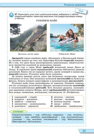 25
о ніст мовл нн
5 7 . Перекладіть усно текст українсько мово ви ира и з та лиці
правильни варіант перекладу виділених слів ци ра відповіда номеру
в та лиці .
а и ки іста ай р ай
ревние 1 города индейцев майя, обита щи в ентральной мери
ке, погибли задолго до того, как ристофор олумб откр л мерику
о о том, что здесь б ла в сокоразвитая цивилизация, свидетельство
вало множество надписей на развалина городов
году в город ани риб л испанский мона иего де
анда городском раме находилась огромная библиотека древни
рукописей ниги ти не содержат ничего, кроме суеверий и в м слов,
решил епископ укописи майя б ли сожжен
о нашего времени дошли лишь три бесценн кземпляра, чудом
спасши ся от огня ни написан волосяной кисточкой на бумаге из
фикуса, бумага покр та иероглифами и разноцветн ми рисунками
укописи майя очень разнообразн по тематике сновное содержа
ние и календарь религиозн обрядов, метеорологические явления
и сельско озяйственн е работ сть большие раздел , посвящ н
н е движени планет енера, месту реб вания 1 могущественного
бога дождя, затмениям, земледели , пчеловодству ( . о дратов)
1 стародавній старий кісточка пензлик
2 відкрити відчинити рисунок мал нок
3 прибути з’явитися 8 явлення поява явище
4 зна одитись розміщуватись праця робота
5 розв’язати вирішити 1 прибування перебування
словни
видетельствовать укр свѕдчити содержать укр істèòè,
суеверие укр а о îíè разнообразн й укр рі о а ѕт ий,
указание укр вка ѕвка, пчеловодство укр д і ь èöòâî,
д о ÿрство àсіч и тво
Перекладіть усно текст українсько мово ви ира и з та лиці
правильни варіант перекладу виділених слів ци ра відповіда номеру
віт
 