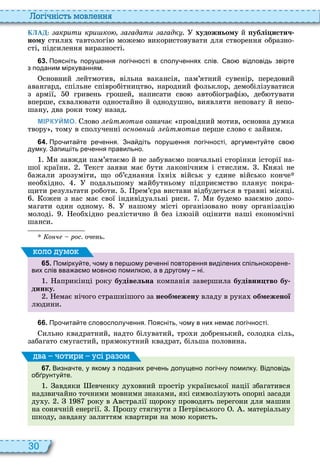 30
о і ніст мовл нн
КЛАД: акрити кри ко агадати агадк художньому й ублі истич
ному стиля тавтологі можемо використовувати для створення образно
сті, підсилення виразності
6 3 . Поясніть пору ення логі ності в сполу еннях слів. во відповідь звірте
з поданим міркуванням.
сновний лейтмотив, вільна вакансія, пам’ятний сувенір, передовий
авангард, спільне співробітництво, народний фольклор, демобілізуватися
з армії, гривень грошей, написати сво автобіографі , деб тувати
вперше, с вал вати одностайно й однодушно, виявляти неповагу й непо
шану, два роки тому назад
МІРКУЙМО. лово йт отив означає провідний мотив, основна думка
твору , тому в сполученні ос ов ий йт отив перше слово є зайвим
6 4 . Про ита те ре ення. Зна діть пору ення логі ності аргументу те сво
думку. Запи іть ре ення правильно.
и завжди пам’ятаємо й не забуваємо повчальні сторінки історії на
шої країни екст заяви має бути лаконічним і стислим нязі не
бажали зрозуміти, що об’єднання ї ні військ у єдине військо конче
необ ідно подальшому майбутньому підприємство планує покра
щити результати роботи рем’єра вистави відбудеться в травні місяці
ожен з нас має свої індивідуальні риси и будемо взаємно допо
магати один одному нашому місті організовано нову організаці
молоді еоб ідно реалістично й без іл зій оцінити наші економічні
шанси
о ч рос. очень
6 5 . Помірку те ому в пер ому ре енні повторення виділених спільнокорене
вих слів вва а мо мовно помилко а в другому ні.
априкінці року будівельна компанія завершила будівни тво бу
äèíêó
емає нічого страшнішого за необмежену владу в рука обмеженої
л дини
оло умо
6 6 . Про ита те словосполу ення. Поясніть ому в них нема логі ності.
ильно квадратний, надто білуватий, тро и добренький, солодка сіль,
забагато смугастий, прямокутний квадрат, більша половина
6 7 . Визна те у якому з поданих ре ень допущено логі ну помилку. Відповідь
о рунту те.
авдяки евченку ду овний простір української нації збагатився
надзвичайно точними мовними знаками, які символізу ть опорні засади
ду у року в встралії щороку проводять перегони для машин
на сонячній енергії рошу стягнути з етрівського матеріальну
шкоду, завдану залиттям квартири на мо користь
ва оти и усі а ом
 