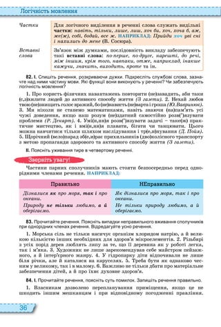 36
о і ніст мовл нн
астки ля логічного виділення в реченні слова служать видільні
÷àñòêè авіть ті ьки и и оч и оч оча а
( ) со і одай вс НАПРИКЛАД: рийди õî÷ ві с і
і а и ись до ос ра
став і
с ова
в’язок між думками, послідовність викладу забезпечу ть
такі вставні слова о р о др г ар ті до р чі
і і и крі того ав аки от а рик ад і ак
ка чи ачить ви одить рот та ін
8 2 . І. пи іть ре ення розкрива и ду ки. Підкресліть слу ові слова зазна
те над ними астину мови. Які ункції вони викону ть у ре енні Чи за езпе у ть
логі ність мовлення
ро користь фізични навантажень повторити не завадить, аби таки
с,з илити л дей до активного способу життя ( га ти) е ай л бов
тво не знищитьголосвражий,бо не нависть не вартаігроша( . аври к)
и ніколи не станемо математиками, навіть зна чи на пам’ять усі
чужі доведення, якщо наш розум не здатний самостійно розв ’ язувати
проблеми ( . карт) мі н,нн я розв ’ язувати задачі таке ж прак
тичне мистецтво, як і вмі н,нн я плавати, бігати чи танц вати ього
можна навчитися тільки шля ом наслідування і тр е,и нування ( . ой )
орічний вело парад зб е,и рає при ильників дво колісного транспорту
з мето пропаганди здорового та активного способу життя ( га ти)
ІІ. Поясніть у ивання тире в етвертому ре енні.
астини парни сполучників ма ть стояти безпосередньо перед одно
рідними членами речення НАПРИКЛАД:
авил но п авил но
і а ис ÿê ро ор та і ро
ок а и.
рирод не ті ь и о à é
о ріга о.
к ді а ис ро ор так і ро
ок а и.
Н ті ьки рирод и о а й
о ріга о.
8 3 . Про ита те ре ення. Поясніть випадки неправильного в ивання сполу ників
при однорідних ленах ре ення. Відредагу те усно ре ення.
орська сіль не тільки насичує організм лоридом натрі , а й вели
ко кількіст інши необ ідни для здоров’я мікроелементів ізьбярі
з усі порід дерев л блять липу за те, що її деревина як у роботі легка,
так і м’яка удожник не лише зарекомендував себе майстром пейзаж
ного, а й інтер’єрного жанру гідропарку діти відпочивали не лише
біля річки, але й каталися на каруселя реба бути як однаково чес
ним у великому, так і в малому ажливо не тільки дбати про матеріальне
забезпечення дітей, а й про ї нє ду овне здоров’я
8 4 . І. Про ита те ре ення поясніть суть помилок. Запи іть ре ення правильно.
ласникам дозволено перепланування приміщення, якщо це не
шкодить іншим мешканцям і при відповідному погодженні правління
в ніт ува у
 